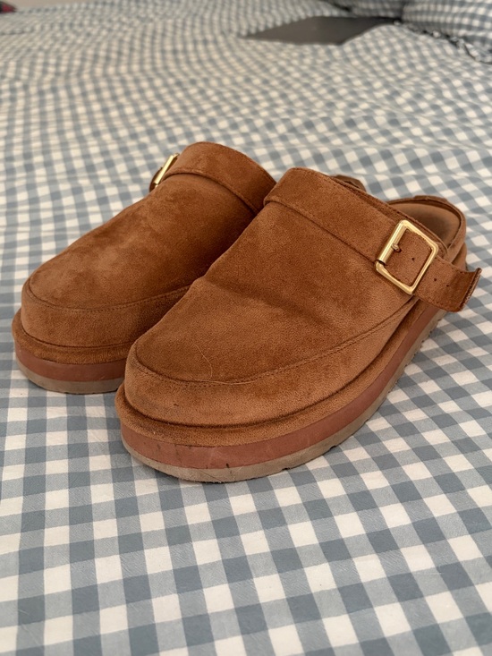 Madden Girl Shoes - Madden Girl Brown Suede Slip-On Mules with Gold Buckle